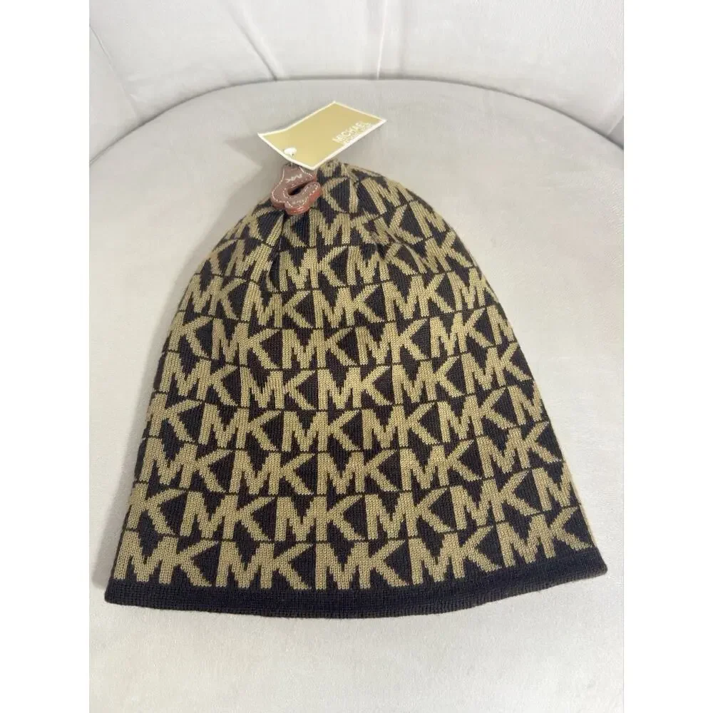 Michael Kors Women’s Brown Logo Jacquard Cuffed Beanie Winter Hat One Size NWT